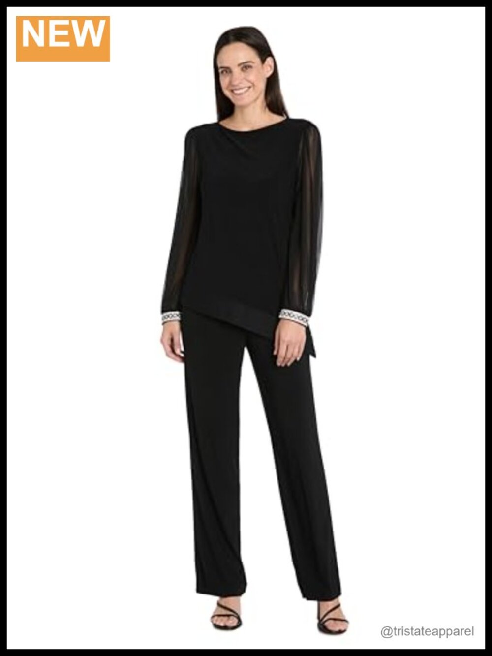 Sheer Long Sleeve Chiffon Blouse with Rhinestone Cuffs, Asymmetric Hem